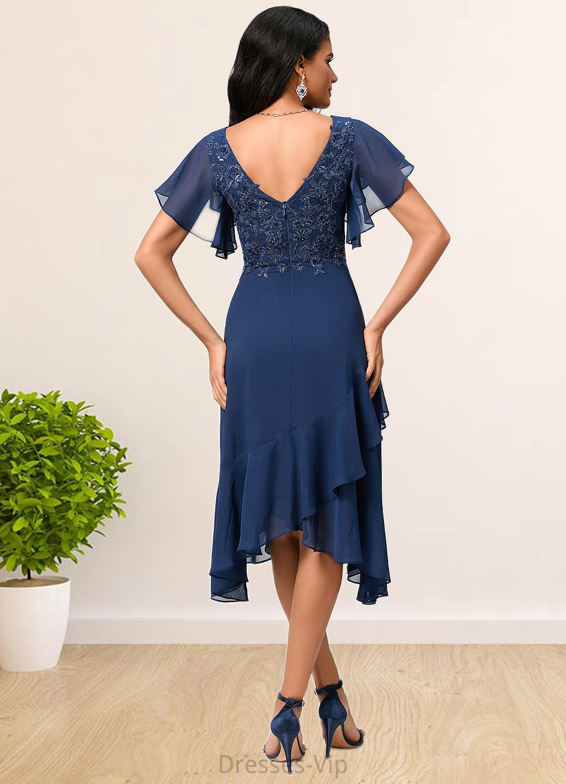 Cloe A-line V-Neck Tea-Length Chiffon Lace Cocktail Dress With Cascading Ruffles HPP0022430