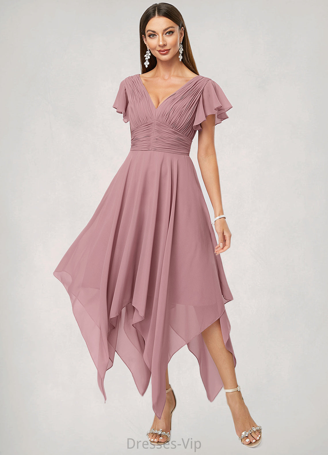 Natalia A-line V-Neck Ankle-Length Chiffon Cocktail Dress With Ruffle HPP0022486