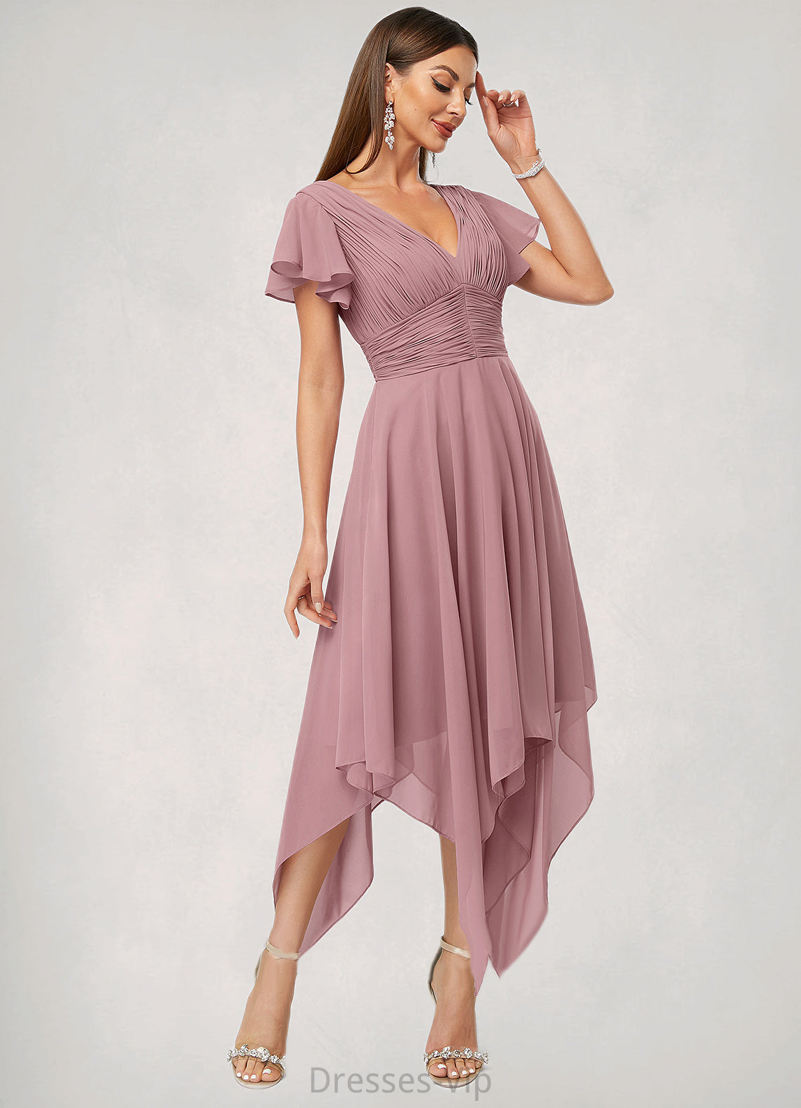 Natalia A-line V-Neck Ankle-Length Chiffon Cocktail Dress With Ruffle HPP0022486