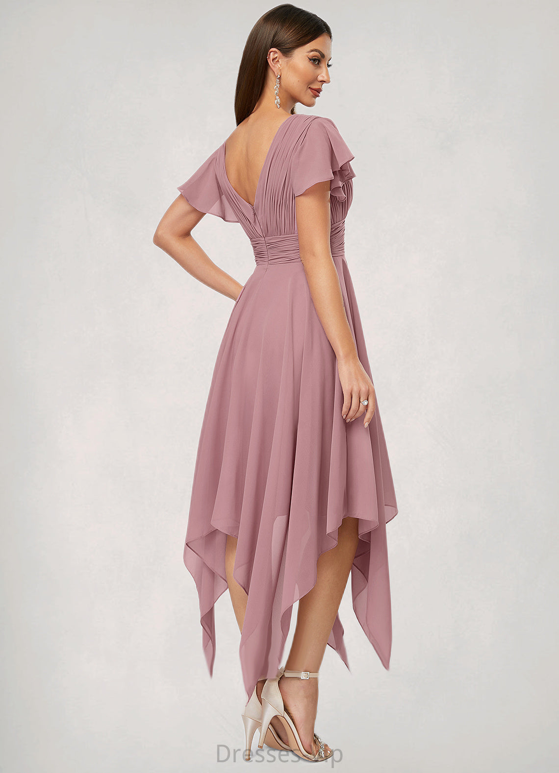 Natalia A-line V-Neck Ankle-Length Chiffon Cocktail Dress With Ruffle HPP0022486