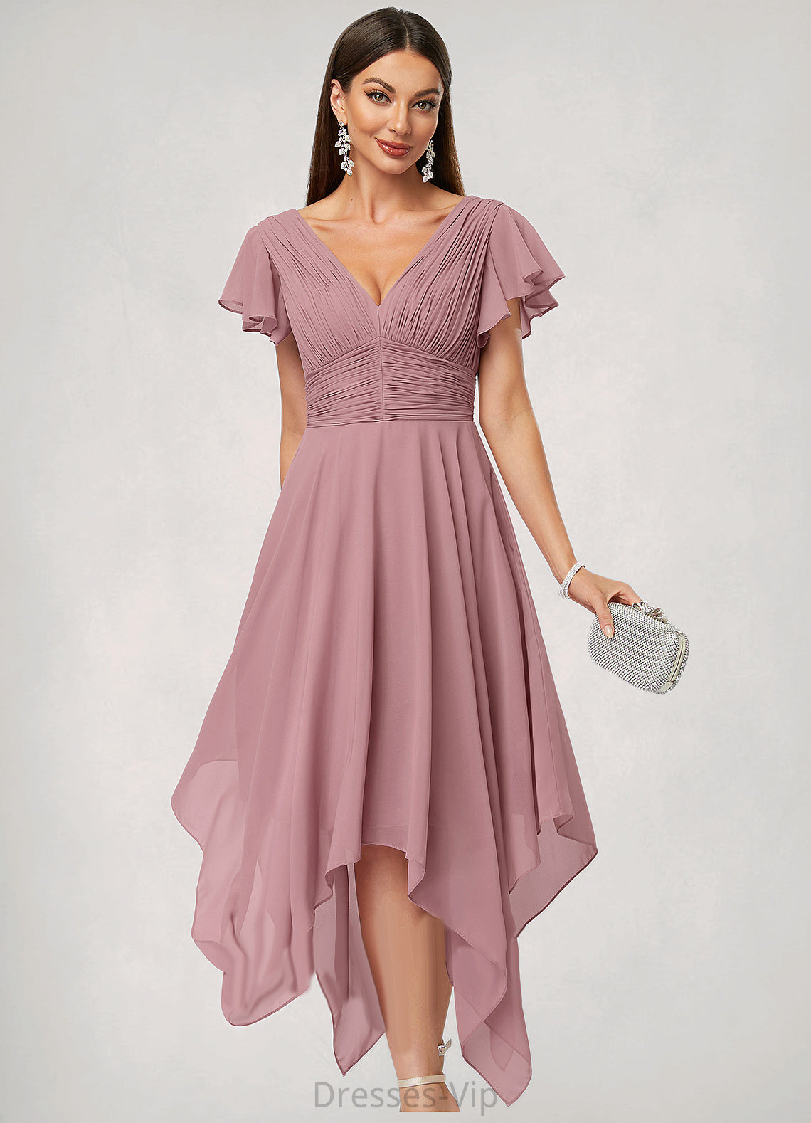 Natalia A-line V-Neck Ankle-Length Chiffon Cocktail Dress With Ruffle HPP0022486