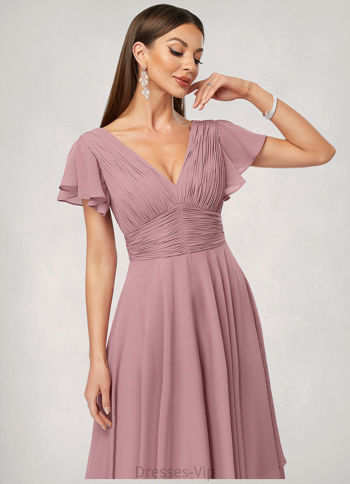 Natalia A-line V-Neck Ankle-Length Chiffon Cocktail Dress With Ruffle HPP0022486