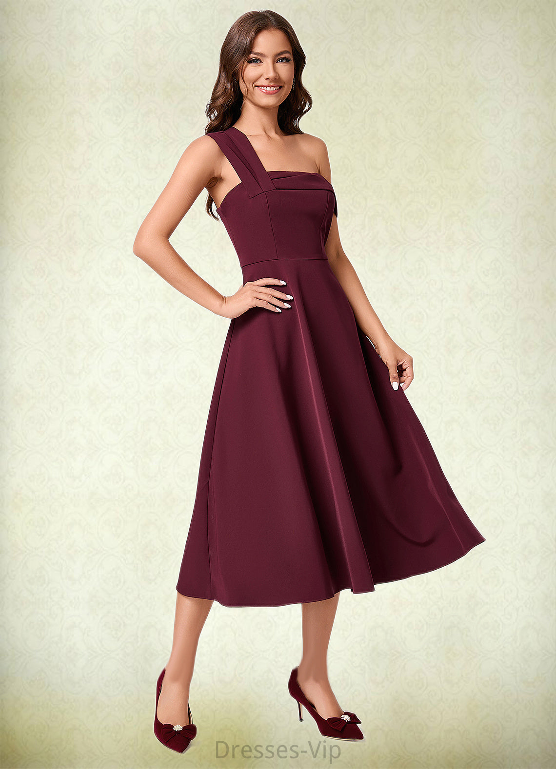 Kay A-line One Shoulder Tea-Length Stretch Crepe Cocktail Dress With Ruffle HPP0022501