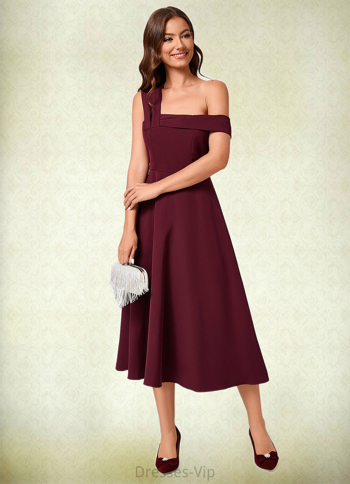 Kay A-line One Shoulder Tea-Length Stretch Crepe Cocktail Dress With Ruffle HPP0022501