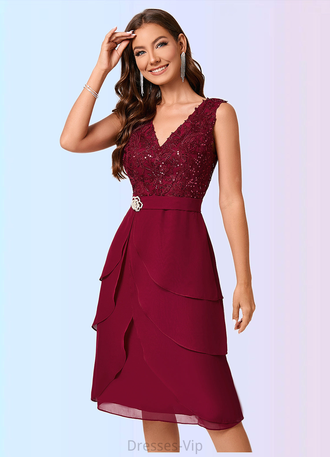 Paisley Sheath/Column V-Neck Knee-Length Chiffon Lace Sequin Cocktail Dress With Ruffle Sequins HPP0022503