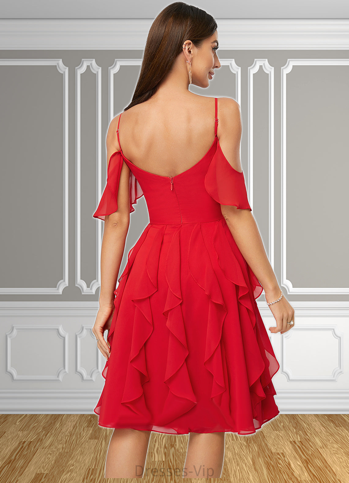 Madyson A-line Cold Shoulder Knee-Length Chiffon Cocktail Dress With Cascading Ruffles HPP0022513