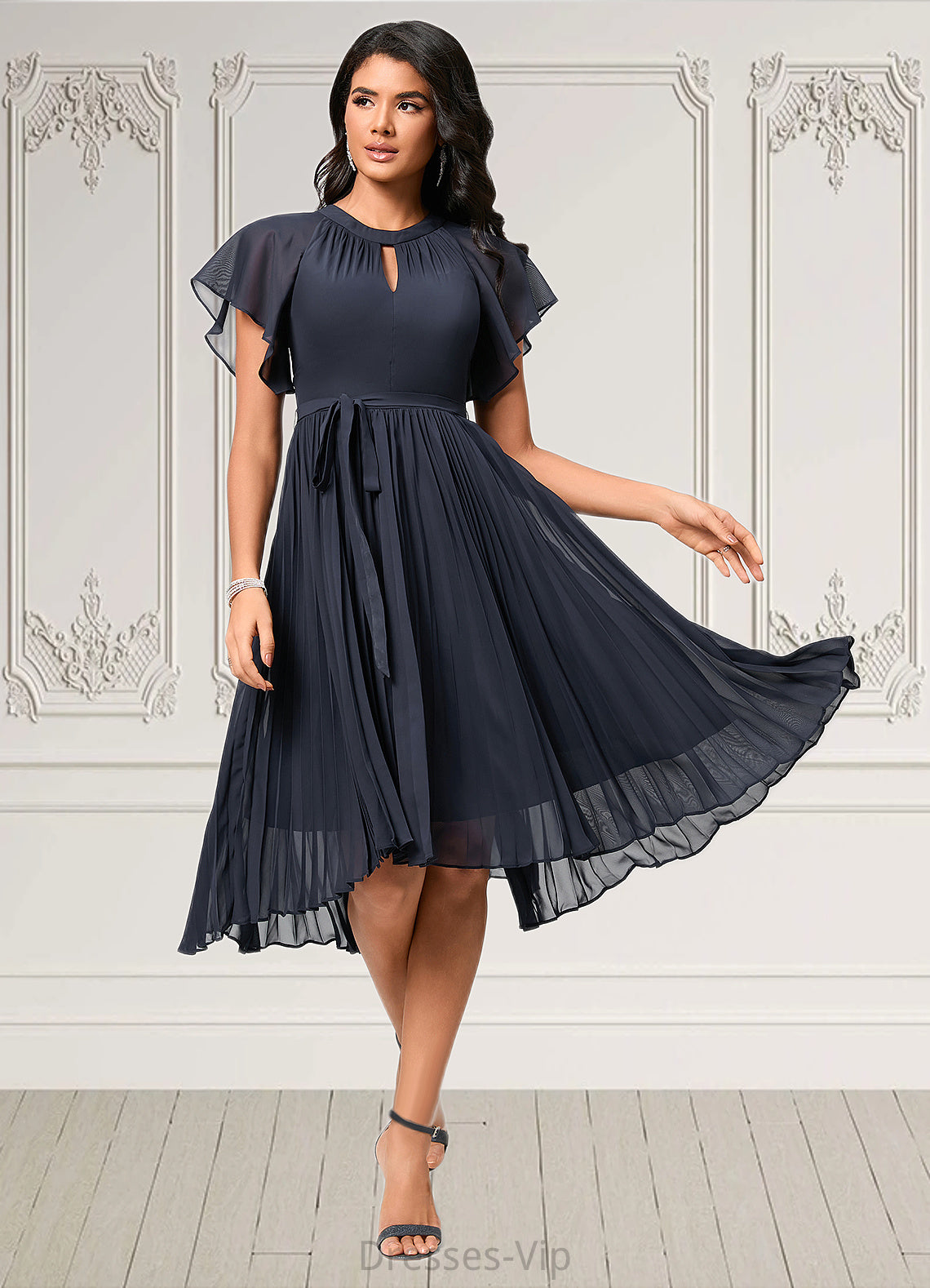 Kasey A-line Scoop Asymmetrical Chiffon Cocktail Dress With Bow Pleated HPP0022530