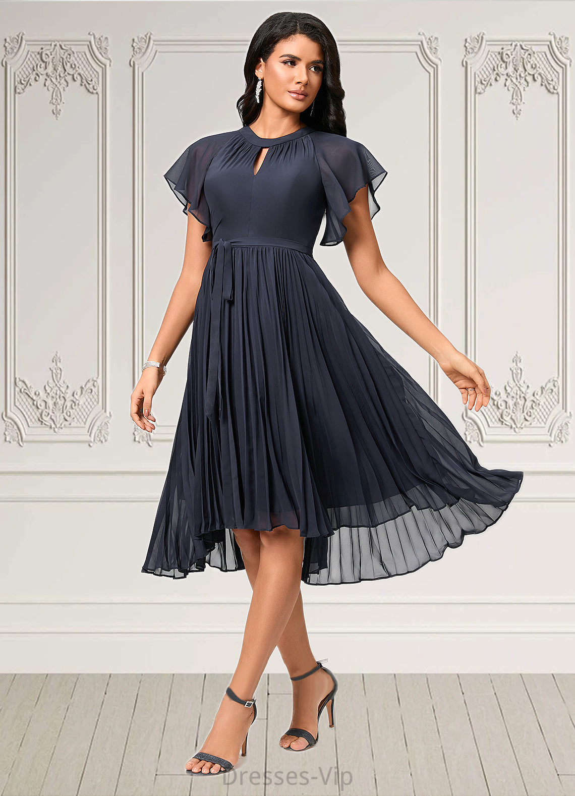 Kasey A-line Scoop Asymmetrical Chiffon Cocktail Dress With Bow Pleated HPP0022530