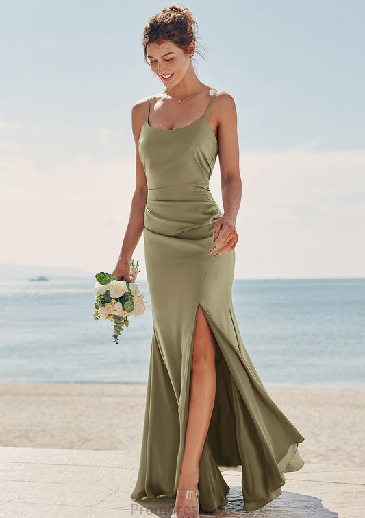 Trumpet/Mermaid Scoop Neck Sleeveless Floor-Length Stretch Satin Bridesmaid Dresses with Pleated Split Nell HPP0025219