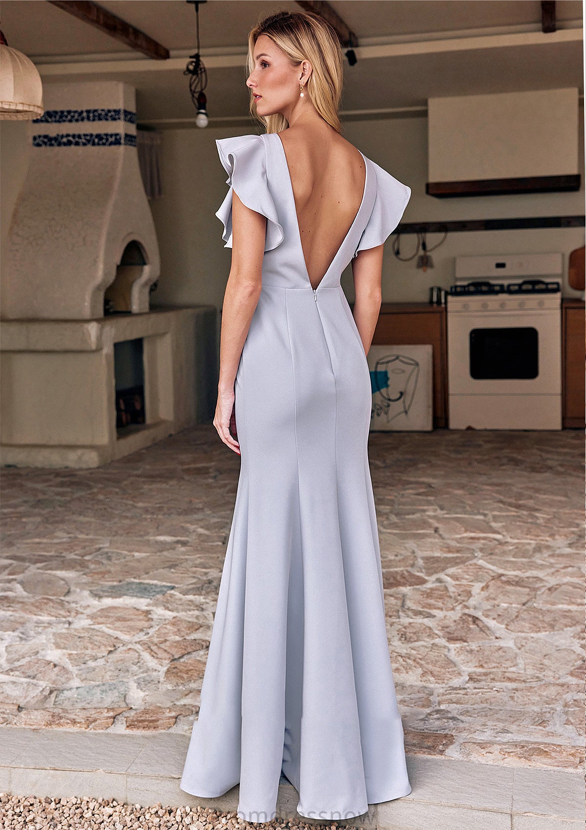 Trumpet/Mermaid Scoop Neck Short Sleeve Floor-Length Stretch Crepe Bridesmaid Dresses with Pleated Ruffles Julianne HPP0025244