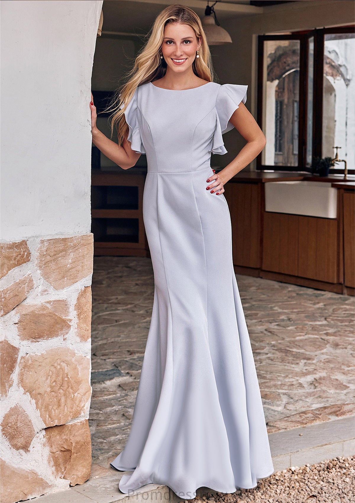 Trumpet/Mermaid Scoop Neck Short Sleeve Floor-Length Stretch Crepe Bridesmaid Dresses with Pleated Ruffles Julianne HPP0025244