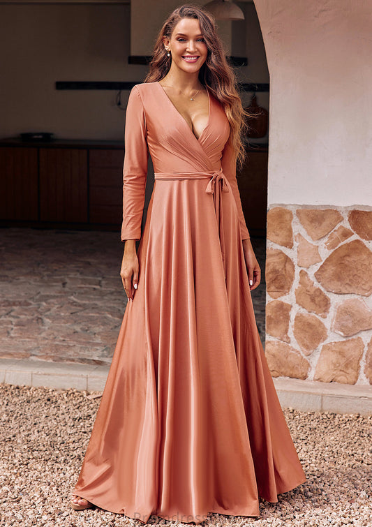 A-line V Neck Full/Long Sleeve Floor-Length Jersey Bridesmaid Dresses with Pleated Sashes Raquel HPP0025246