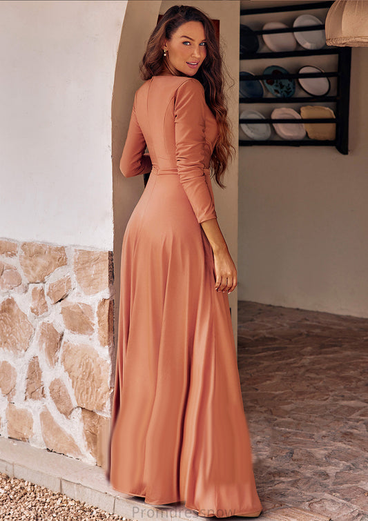 A-line V Neck Full/Long Sleeve Floor-Length Jersey Bridesmaid Dresses with Pleated Sashes Raquel HPP0025246