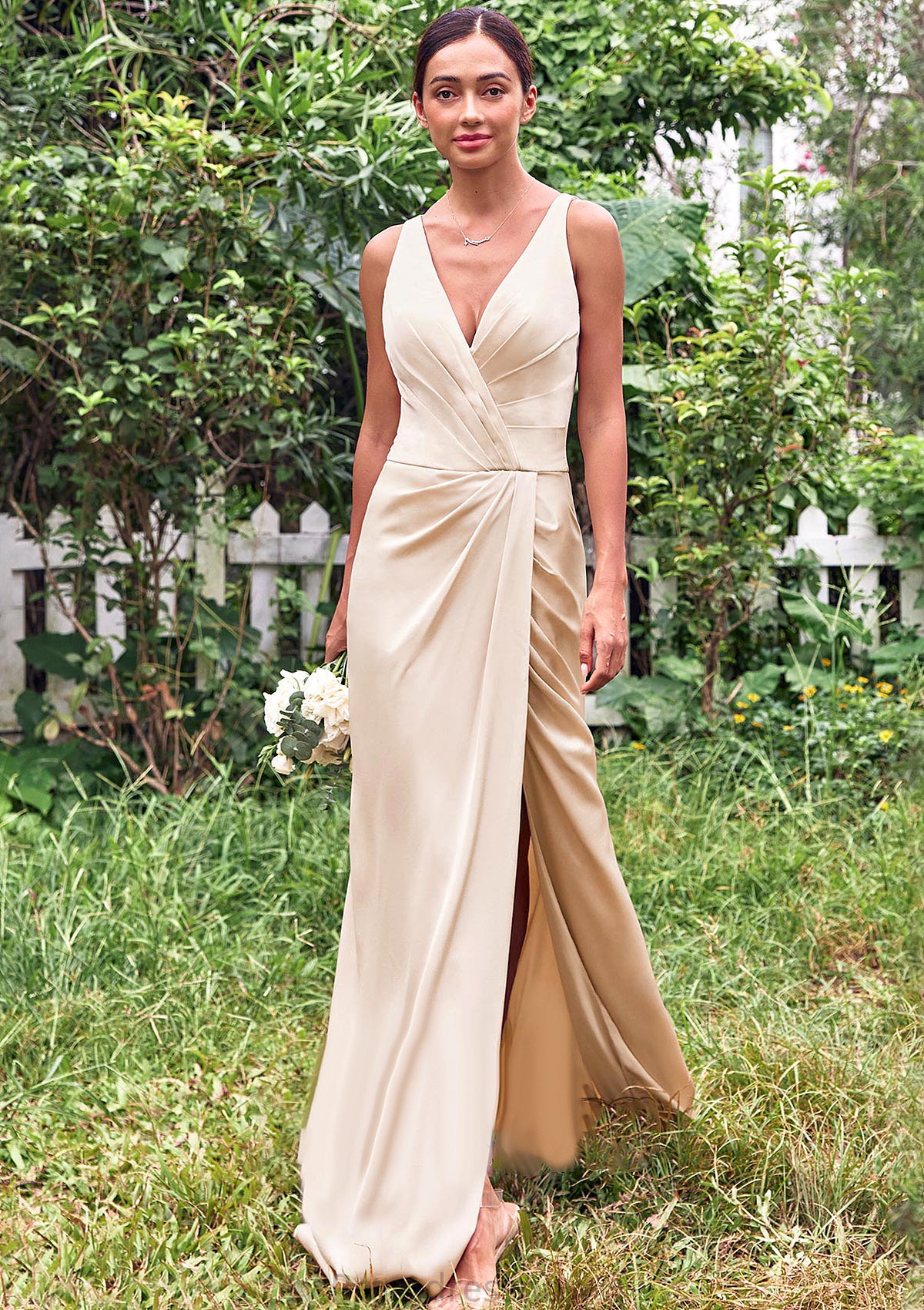 Trumpet/Mermaid V Neck Sleeveless Floor-Length Stretch Satin Bridesmaid Dresses with Pleated Split Karlee HPP0025255