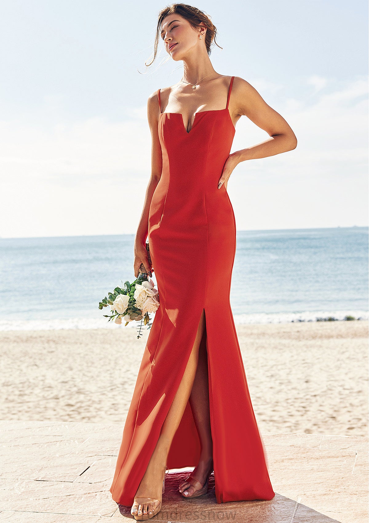 Trumpet/Mermaid V Neck Sleeveless Floor-Length Stretch Crepe Bridesmaid Dresses with Split Gertie HPP0025269