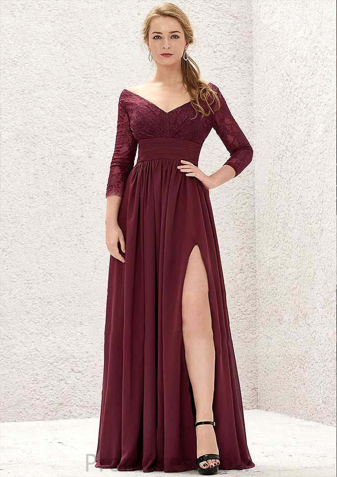 A-line V Neck Full/Long Sleeve Long/Floor-Length Chiffon Bridesmaid Dresses With Lace Split Pleated Thelma HPP0025304