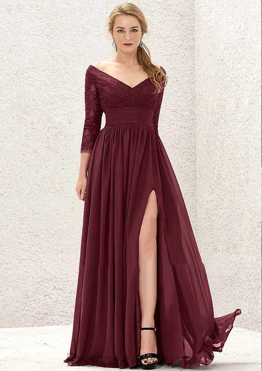 A-line V Neck Full/Long Sleeve Long/Floor-Length Chiffon Bridesmaid Dresses With Lace Split Pleated Thelma HPP0025304