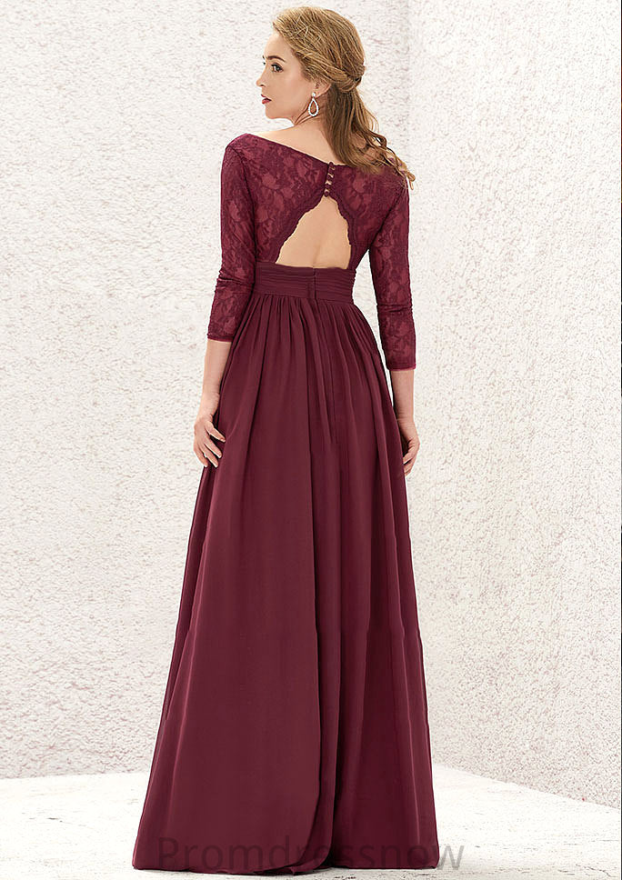 A-line V Neck Full/Long Sleeve Long/Floor-Length Chiffon Bridesmaid Dresses With Lace Split Pleated Thelma HPP0025304