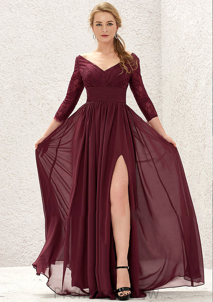 A-line V Neck Full/Long Sleeve Long/Floor-Length Chiffon Bridesmaid Dresses With Lace Split Pleated Thelma HPP0025304