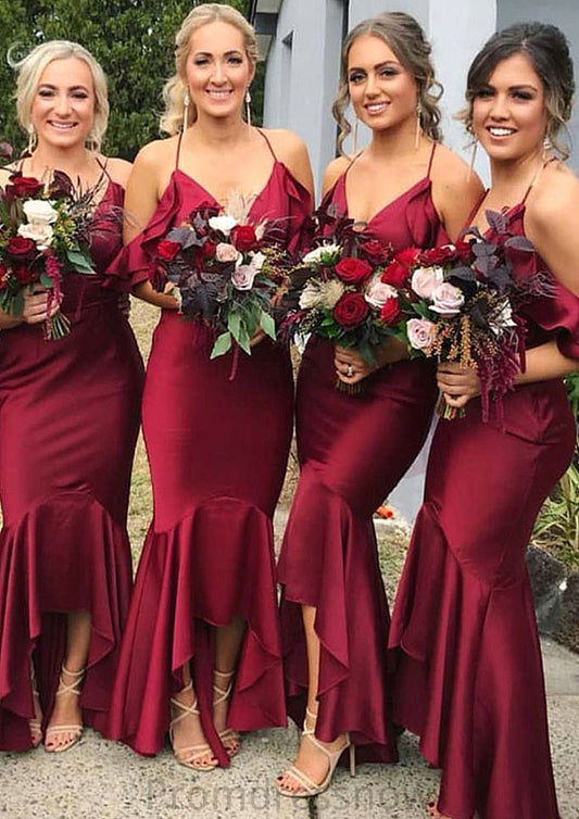 Sleeveless V Neck Asymmetrical Trumpet/Mermaid Charmeuse Bridesmaid Dresseses With Ruffles Yesenia HPP0025305