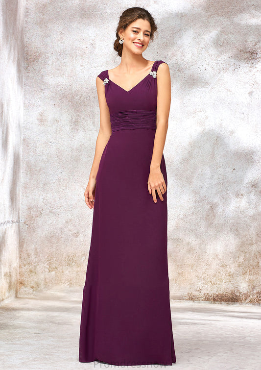 V Neck Sleeveless Long/Floor-Length Sheath/Column Chiffon Bridesmaid Dresses With Sashes Pleated Beading Briley HPP0025412