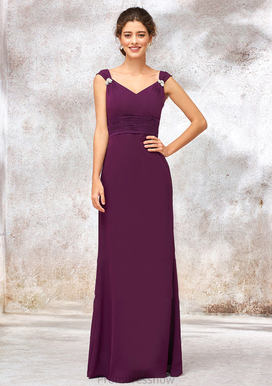 V Neck Sleeveless Long/Floor-Length Sheath/Column Chiffon Bridesmaid Dresses With Sashes Pleated Beading Briley HPP0025412