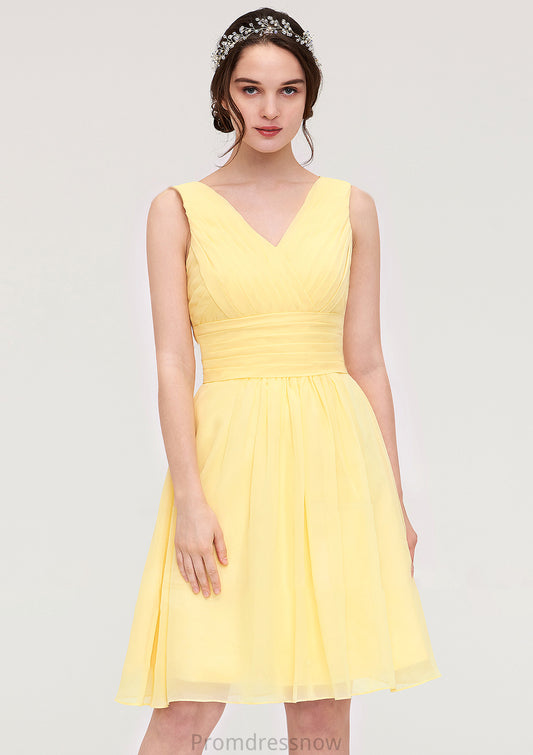 V Neck Sleeveless A-line/Princess Chiffon Knee-Length Bridesmaid Dresses With Pleated Pauline HPP0025414