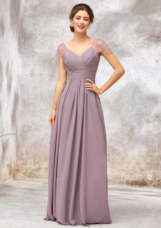 V Neck Long/Floor-Length Chiffon A-line/Princess Bridesmaid Dresses With Pleated Beading Charlee HPP0025416