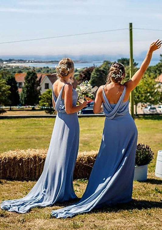 A-line V Neck Sleeveless Court Train Chiffon Bridesmaid Dresses With Pleated Hilary HPP0025419