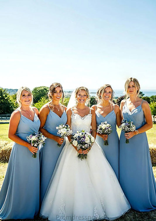 A-line V Neck Sleeveless Court Train Chiffon Bridesmaid Dresses With Pleated Hilary HPP0025419