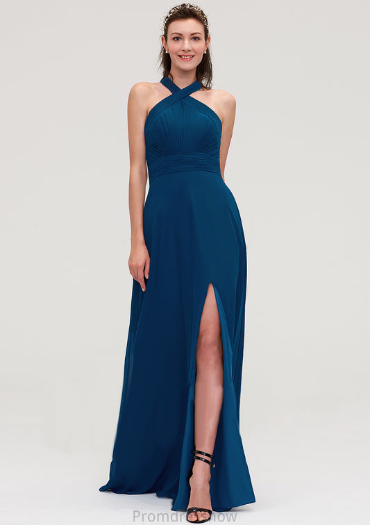 Scalloped Neck Sleeveless A-line/Princess Chiffon Long/Floor-Length Bridesmaid Dresseses With Split Pleated Sadie HPP0025424