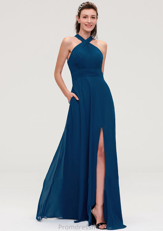 Scalloped Neck Sleeveless A-line/Princess Chiffon Long/Floor-Length Bridesmaid Dresseses With Split Pleated Sadie HPP0025424