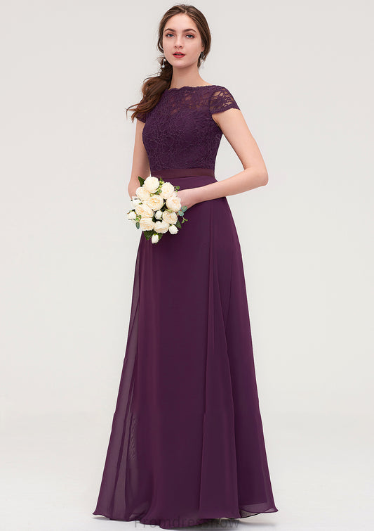 Short Sleeve Bateau Long/Floor-Length  Chiffon A-line/Princess Bridesmaid Dresses With Sashes Lace Angelina HPP0025428