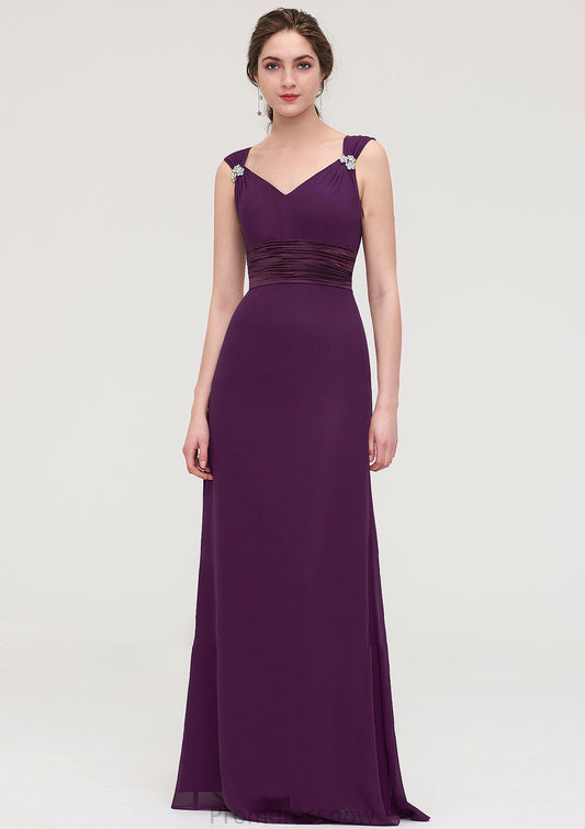 Sleeveless V Neck Long/Floor-Length Sheath/Column Chiffon Bridesmaid Dresses With Sashes Beading Pleated Rachel HPP0025432