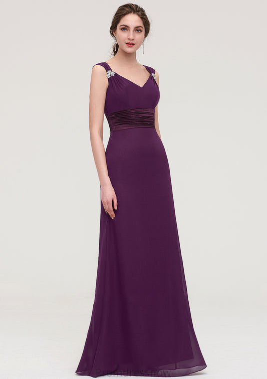 Sleeveless V Neck Long/Floor-Length Sheath/Column Chiffon Bridesmaid Dresses With Sashes Beading Pleated Rachel HPP0025432