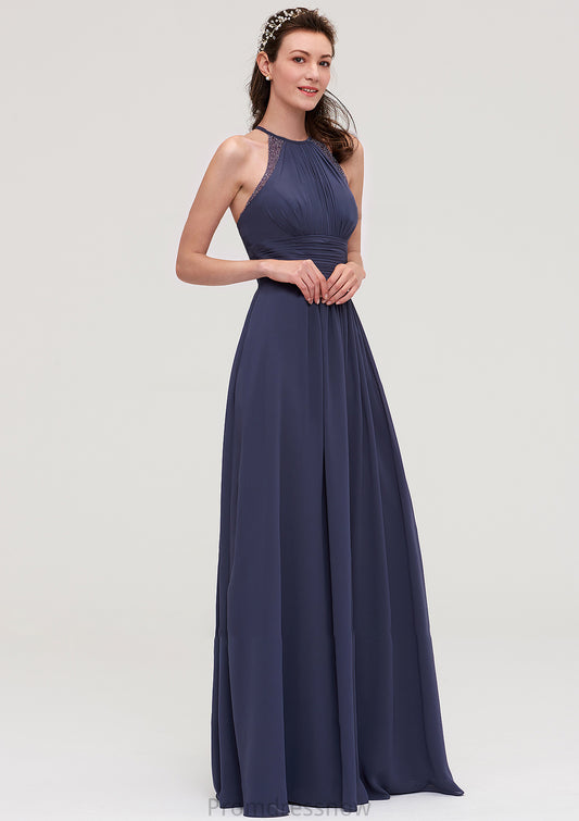 Scoop Neck Sleeveless A-line/Princess Chiffon Long/Floor-Length Bridesmaid Dresseses With Pleated Appliqued Celeste HPP0025439