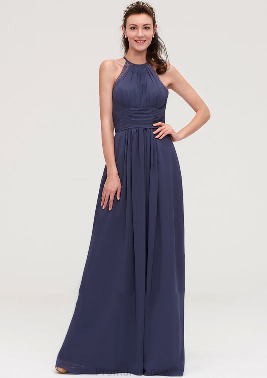 Scoop Neck Sleeveless A-line/Princess Chiffon Long/Floor-Length Bridesmaid Dresseses With Pleated Appliqued Celeste HPP0025439