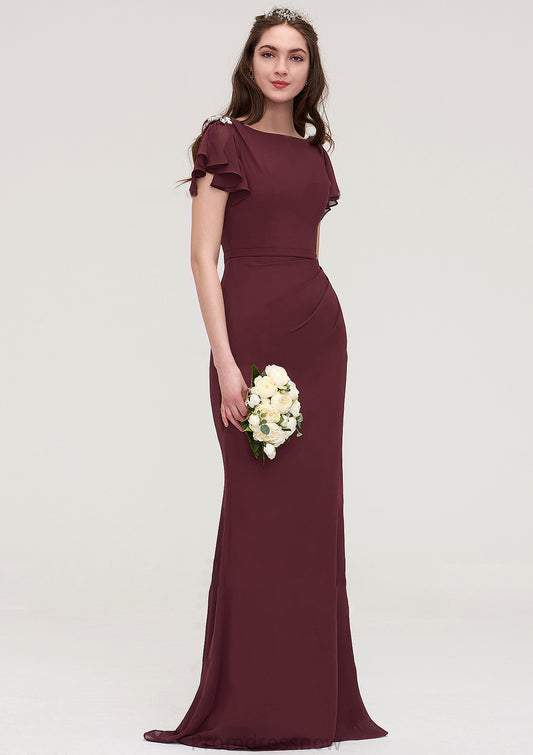 Short Sleeve Bateau Long/Floor-Length Sheath/Column Chiffon Bridesmaid Dresses With Crystal Detailing Sashes Hillary HPP0025440