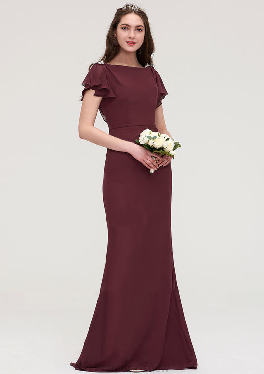 Short Sleeve Bateau Long/Floor-Length Sheath/Column Chiffon Bridesmaid Dresses With Crystal Detailing Sashes Hillary HPP0025440