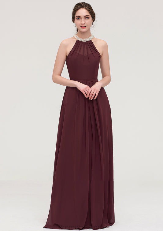 Sleeveless Halter Long/Floor-Length Chiffon A-line/Princess Bridesmaid Dresses With Beading Pleated Kenna HPP0025445