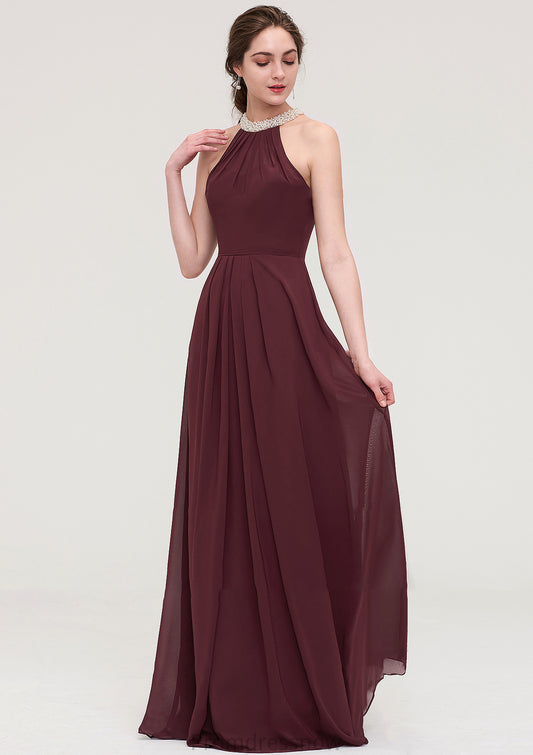 Sleeveless Halter Long/Floor-Length Chiffon A-line/Princess Bridesmaid Dresses With Beading Pleated Kenna HPP0025445