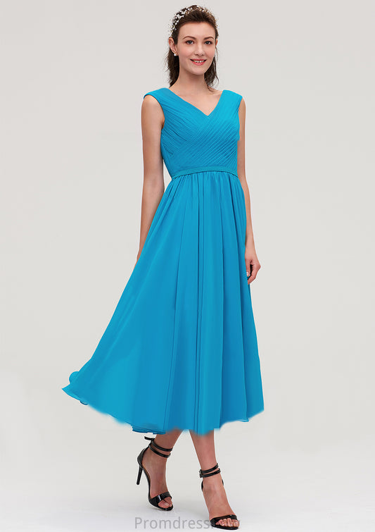 Sleeveless V Neck Tea-Length Chiffon A-line/Princess Bridesmaid Dresseses With Pleated Sariah HPP0025448