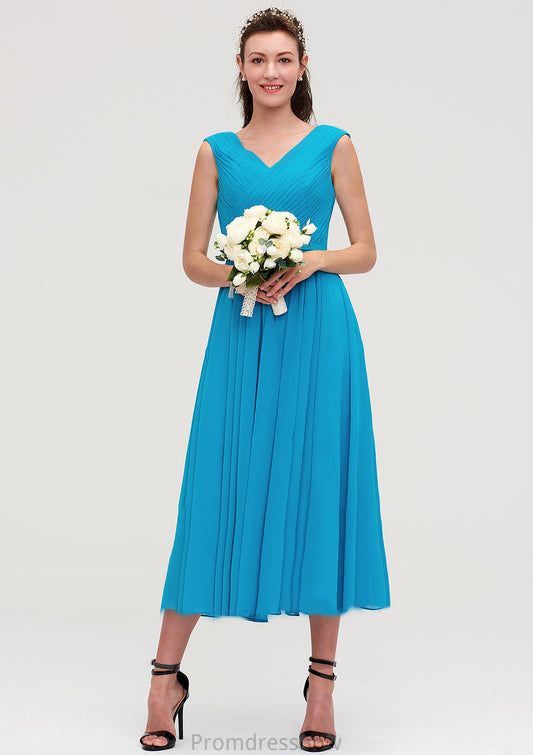 Sleeveless V Neck Tea-Length Chiffon A-line/Princess Bridesmaid Dresseses With Pleated Sariah HPP0025448