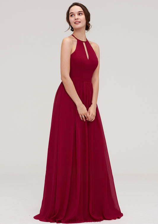 Scoop Neck Sleeveless A-line/Princess Long/Floor-Length Chiffon Bridesmaid Dresseses With Pleated Emery HPP0025456