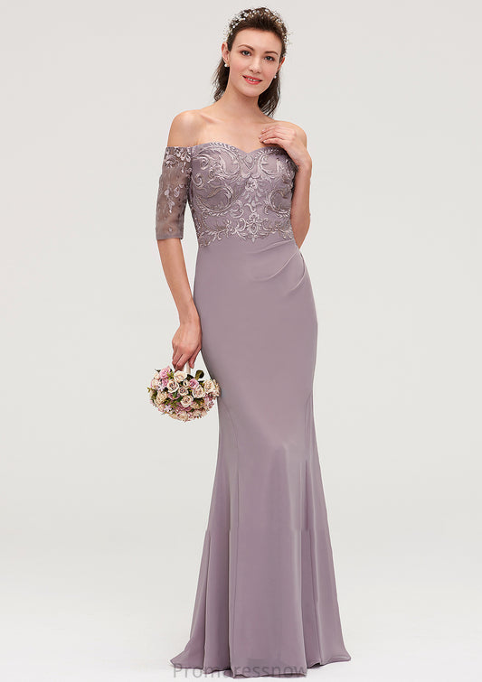 Off-the-Shoulder Half Sleeve Sheath/Column Long/Floor-Length Chiffon Bridesmaid Dresseses With Appliqued Mareli HPP0025458