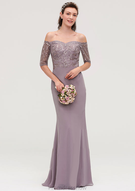 Off-the-Shoulder Half Sleeve Sheath/Column Long/Floor-Length Chiffon Bridesmaid Dresseses With Appliqued Mareli HPP0025458