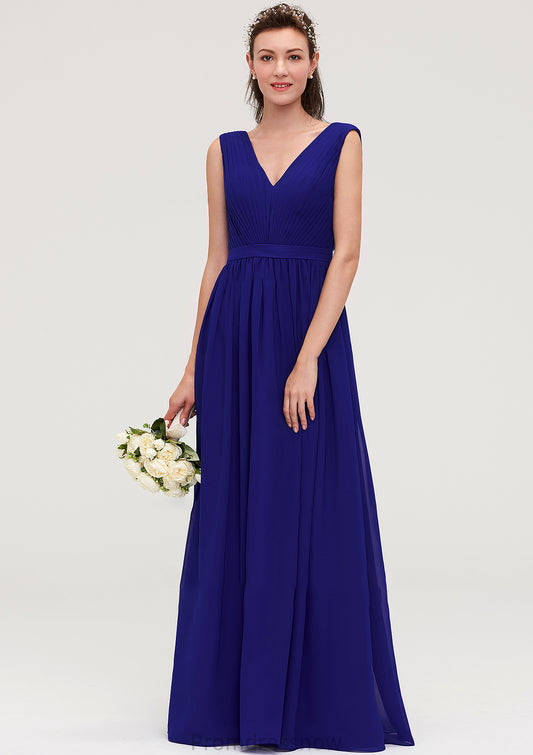 Sleeveless V Neck Chiffon A-line/Princess Long/Floor-Length Bridesmaid Dresseses With Pleated Lauren HPP0025459