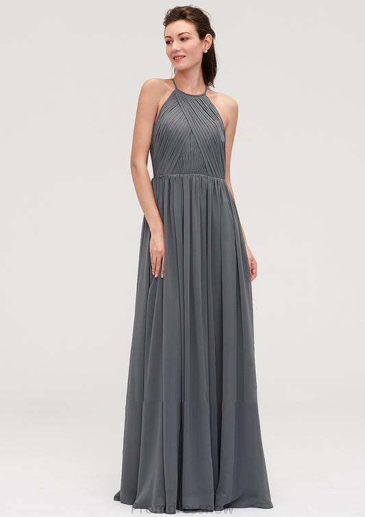 Sleeveless Halter Chiffon A-line/Princess Long/Floor-Length Bridesmaid Dresseses With Pleated Vanessa HPP0025466