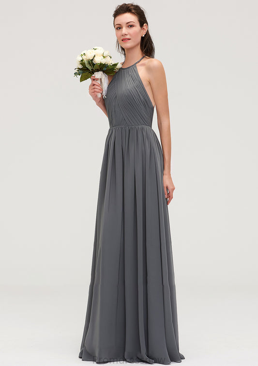 Sleeveless Halter Chiffon A-line/Princess Long/Floor-Length Bridesmaid Dresseses With Pleated Vanessa HPP0025466