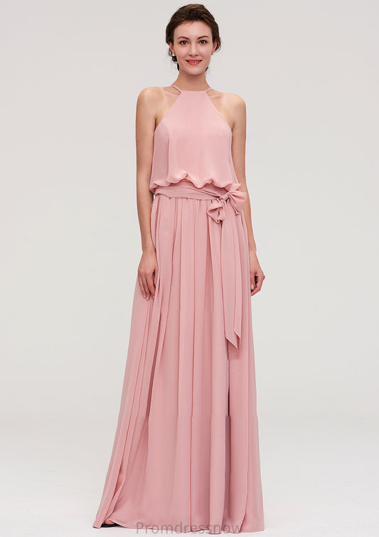 Sleeveless Scoop Neck A-line/Princess Chiffon Long/Floor-Length Bridesmaid Dresseses With Pleated Sashes Lexi HPP0025476